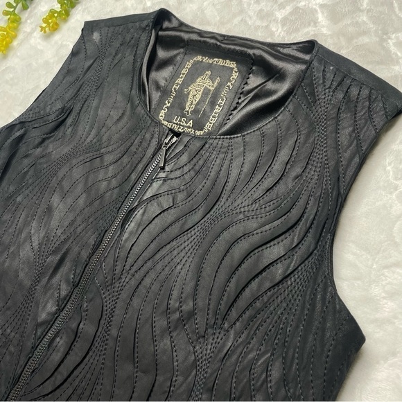 My Tribe Embroidered Leather Zip Front Sleeveless Vest in Black Womens Medium - Picture 3 of 13